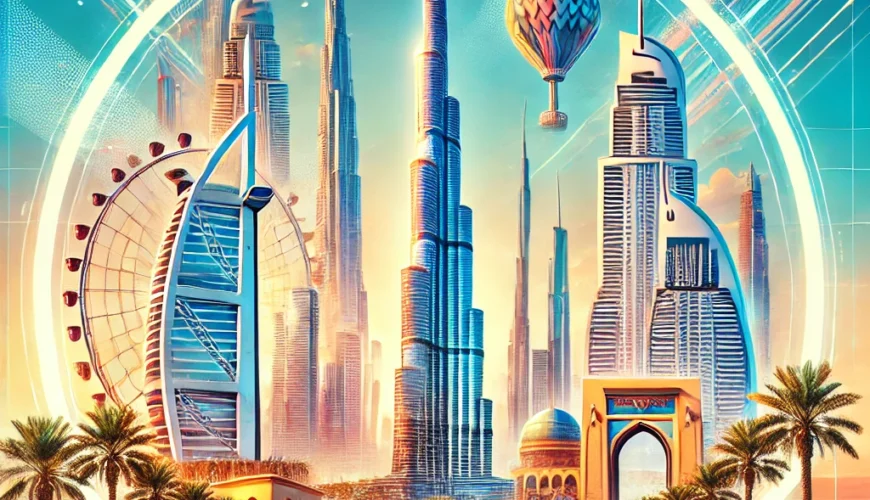 Here's an image representing the top tourist attractions in Dubai for first-time travelers. It captures key landmarks like the Burj Khalifa, Dubai Mall, and Palm Jumeirah, set against a bright, modern skyline with elements of palm trees and desert sand.