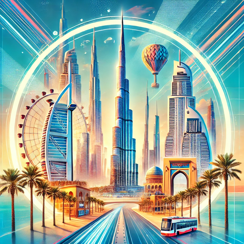 Here's an image representing the top tourist attractions in Dubai for first-time travelers. It captures key landmarks like the Burj Khalifa, Dubai Mall, and Palm Jumeirah, set against a bright, modern skyline with elements of palm trees and desert sand.